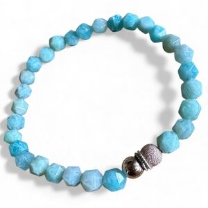 Polished Faceted 6mm Amazonite Stretch Bracelet w/ Rose Gold & Silver Spacers